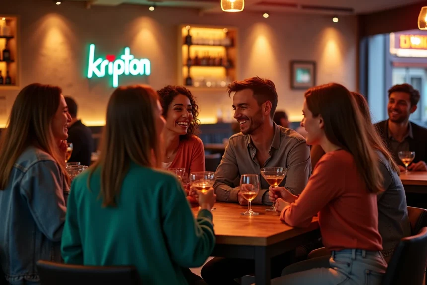 Groupe d'amis profitant d'une soirée animée au Kripton Club à Yssingeaux, bar moderne avec décor urbain et ambiance conviviale