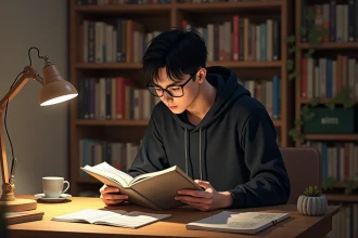 Jeune homme lisant un tome de manga Solo Leveling à son bureau entouré de volumes en japonais