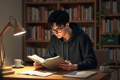 Jeune homme lisant un tome de manga Solo Leveling à son bureau entouré de volumes en japonais