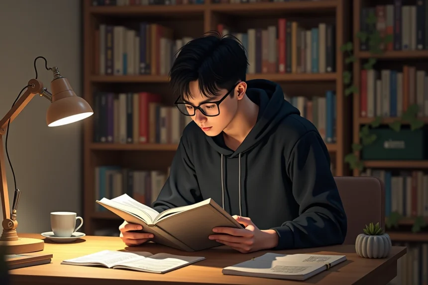 Jeune homme lisant un tome de manga Solo Leveling à son bureau entouré de volumes en japonais