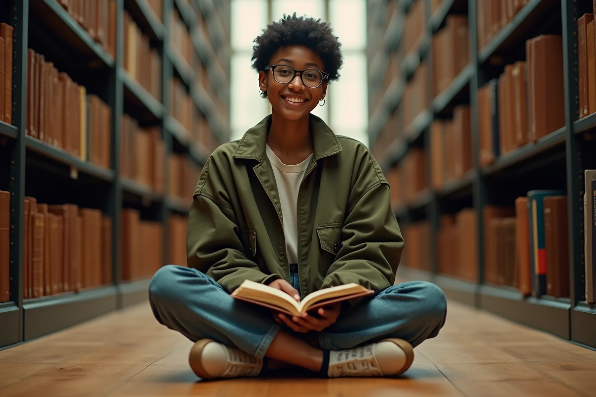 Jeune lectrice souriante dans une bibliothèque universitaire, découvrant un indice dissimulé en début de roman