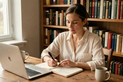 Femme lisant attentivement un article de blog avec des annotations manuscrites dans un carnet, dans un bureau à domicile chaleureux