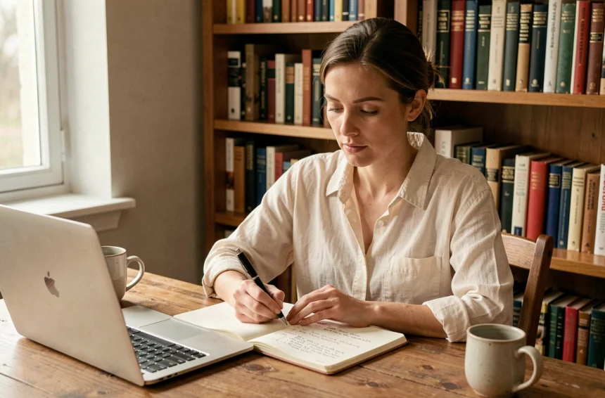 Femme lisant attentivement un article de blog avec des annotations manuscrites dans un carnet, dans un bureau à domicile chaleureux