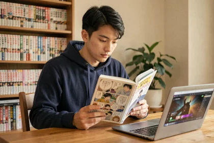 Jeune homme lisant un volume de manga One Piece à son bureau avec un ordinateur affichant une plateforme officielle de streaming