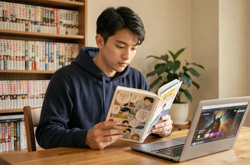 Jeune homme lisant un volume de manga One Piece à son bureau avec un ordinateur affichant une plateforme officielle de streaming