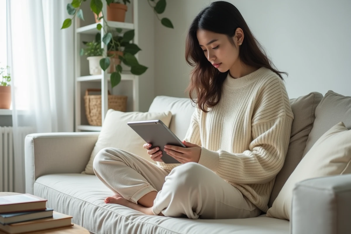 Jeune femme lisant des scans de manga Solo Leveling en version française sur une tablette dans son salon
