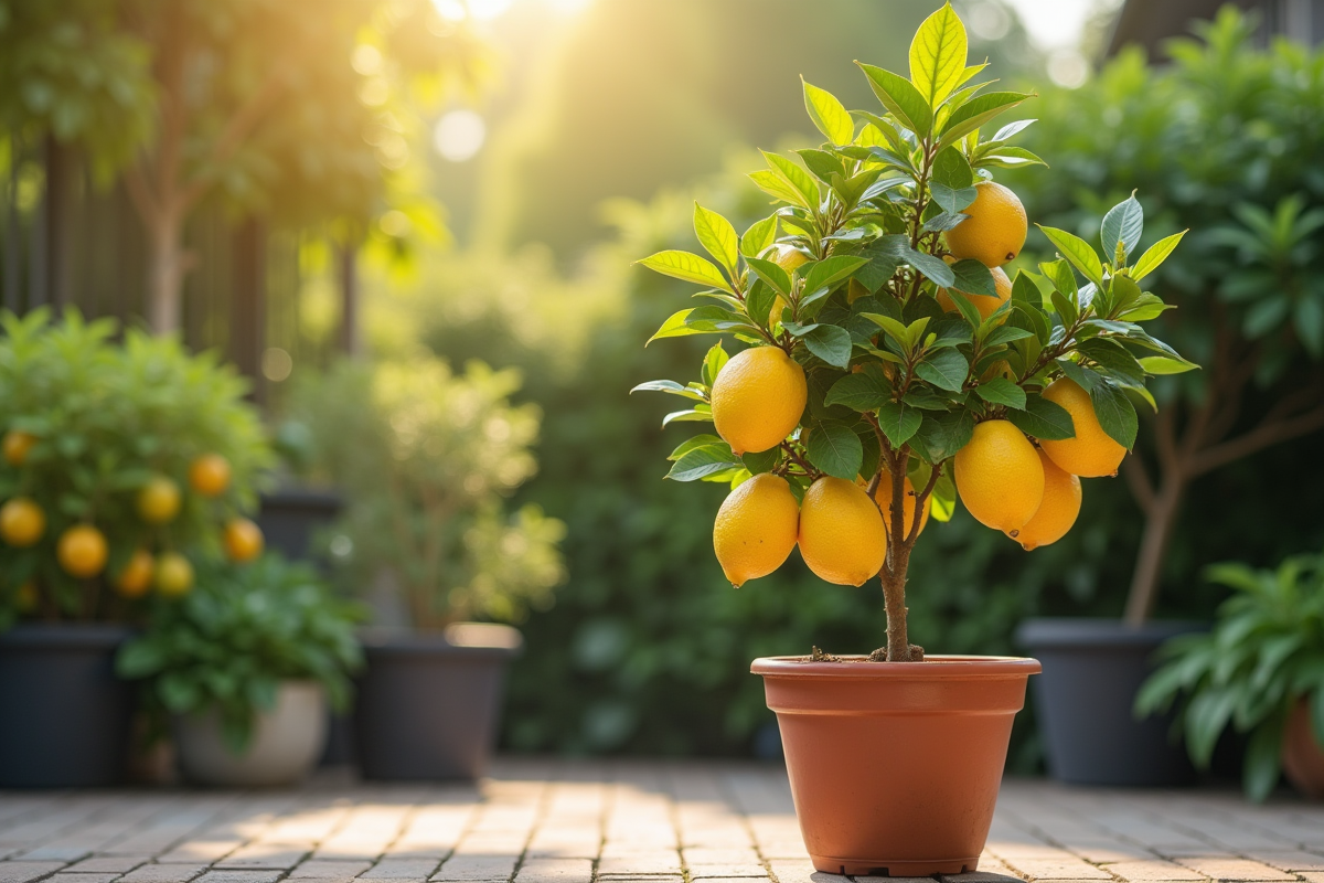 Limonier mature en pot sur terrasse en plein soleil