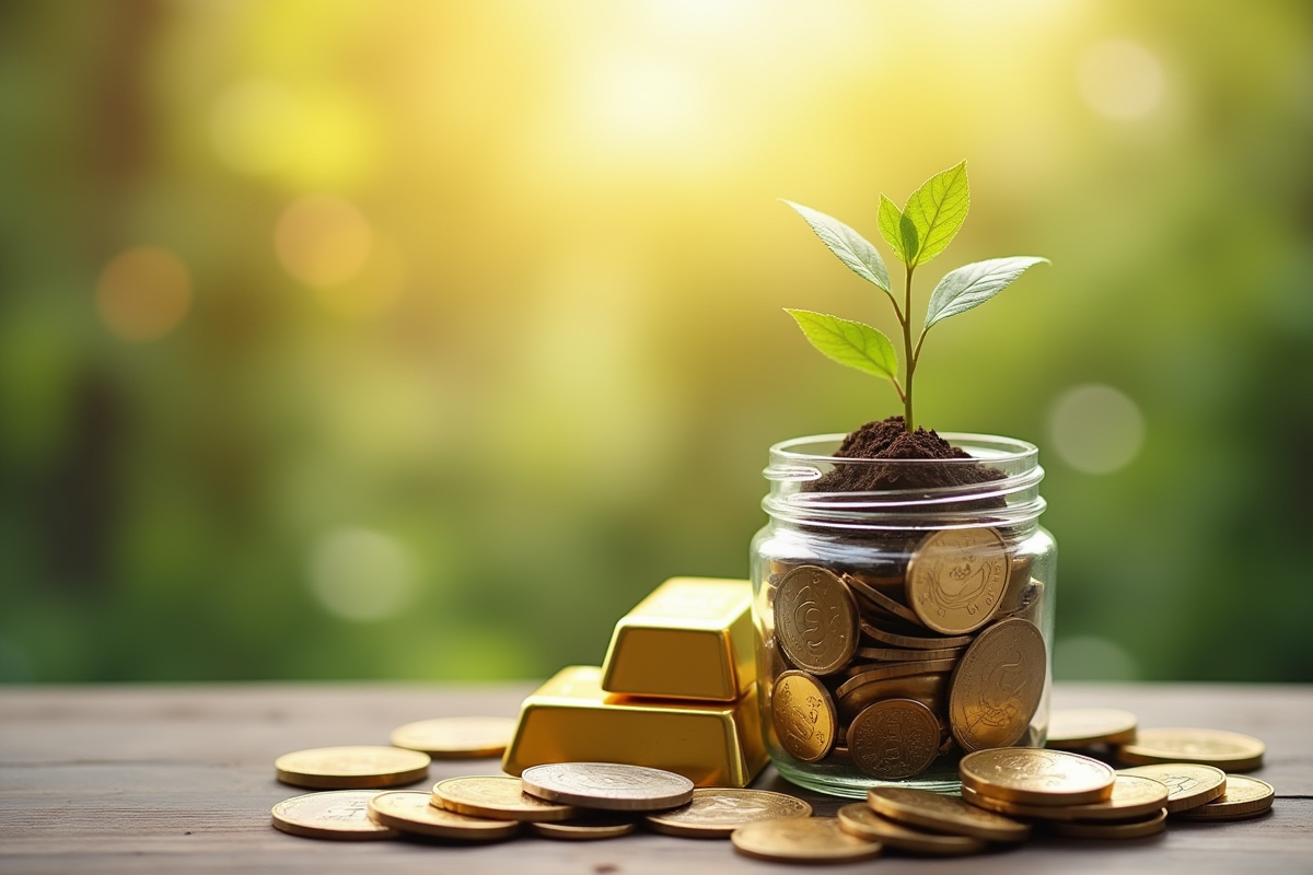 Lingots d or et monnaies avec une plante en croissance