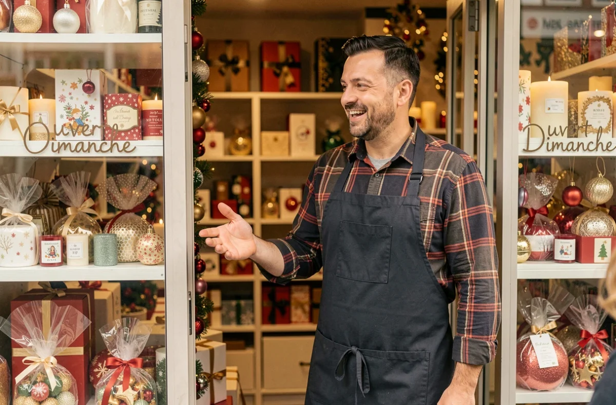 Commerçant accueillant les clients devant son magasin ouvert le dimanche avant Noël avec panneau ouvert dimanche