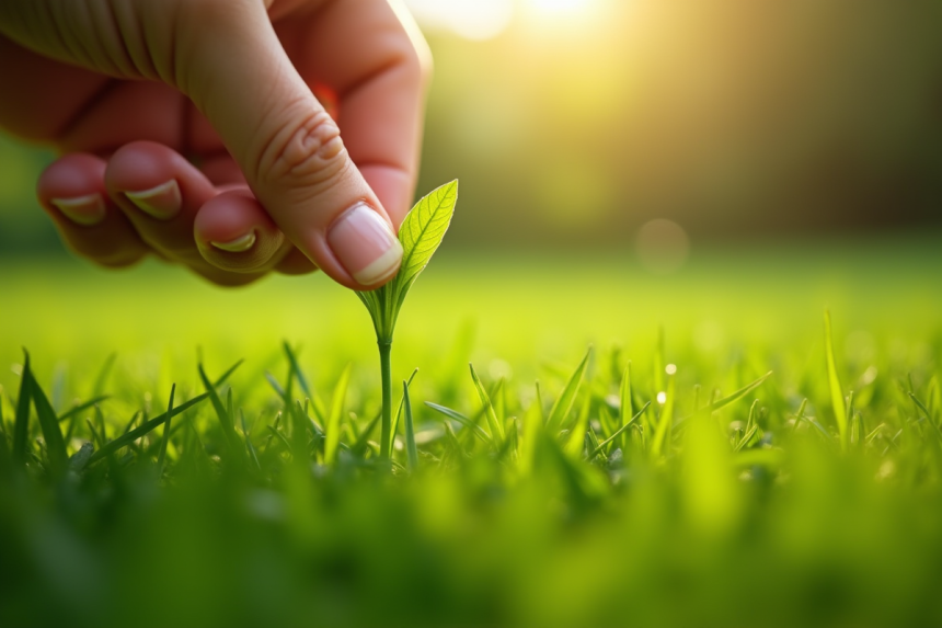 Main arrachant une herbe verte dans la pelouse saine