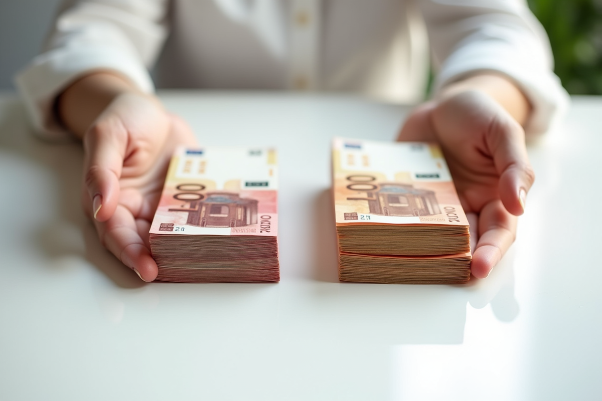Mains tenant deux tas de billets d euros sur une table blanche