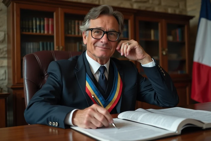 Maire en écharpe tricolore assis à son bureau de mairie avec des documents officiels