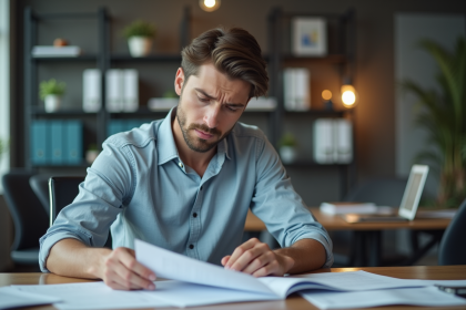 Manager en réunion dans un bureau moderne concentré sur ses documents
