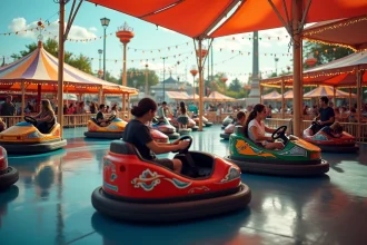 Manège d'autos tamponneuses colorées lors d'une fête foraine en plein air avec des familles en arrière-plan
