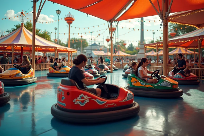Manège d'autos tamponneuses colorées lors d'une fête foraine en plein air avec des familles en arrière-plan