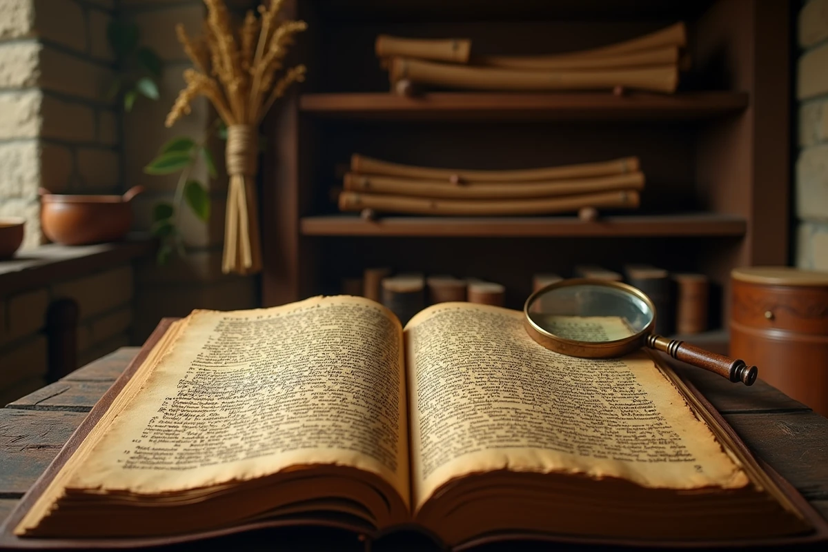 Manuscrit ancien ouvert sur un pupitre en bois, couvert d'inscriptions runiques et d'annotations latines dans une bibliothèque médiévale