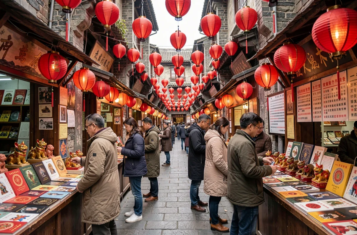 Marché animé du Nouvel An chinois avec étals d'astrologie et figurines du zodiaque pour 2026