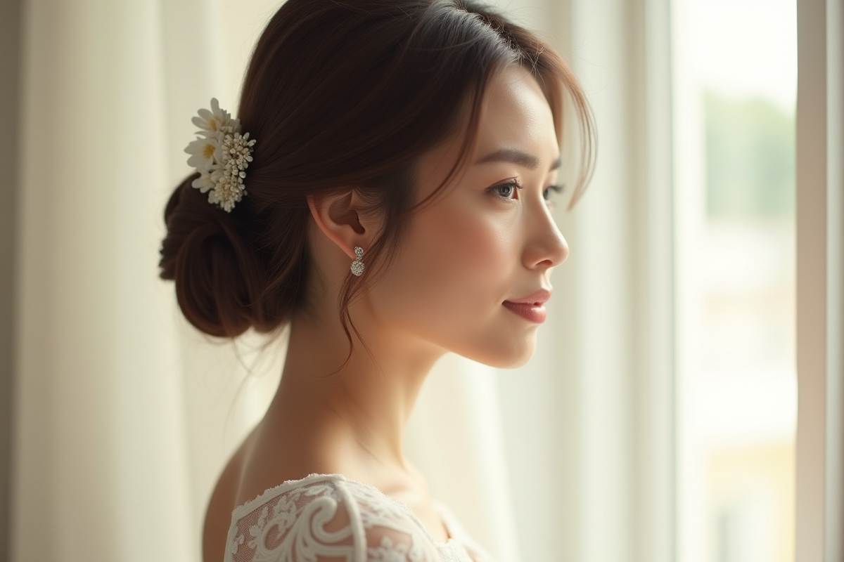 Mariée avec une coiffure élégante en chignon bas