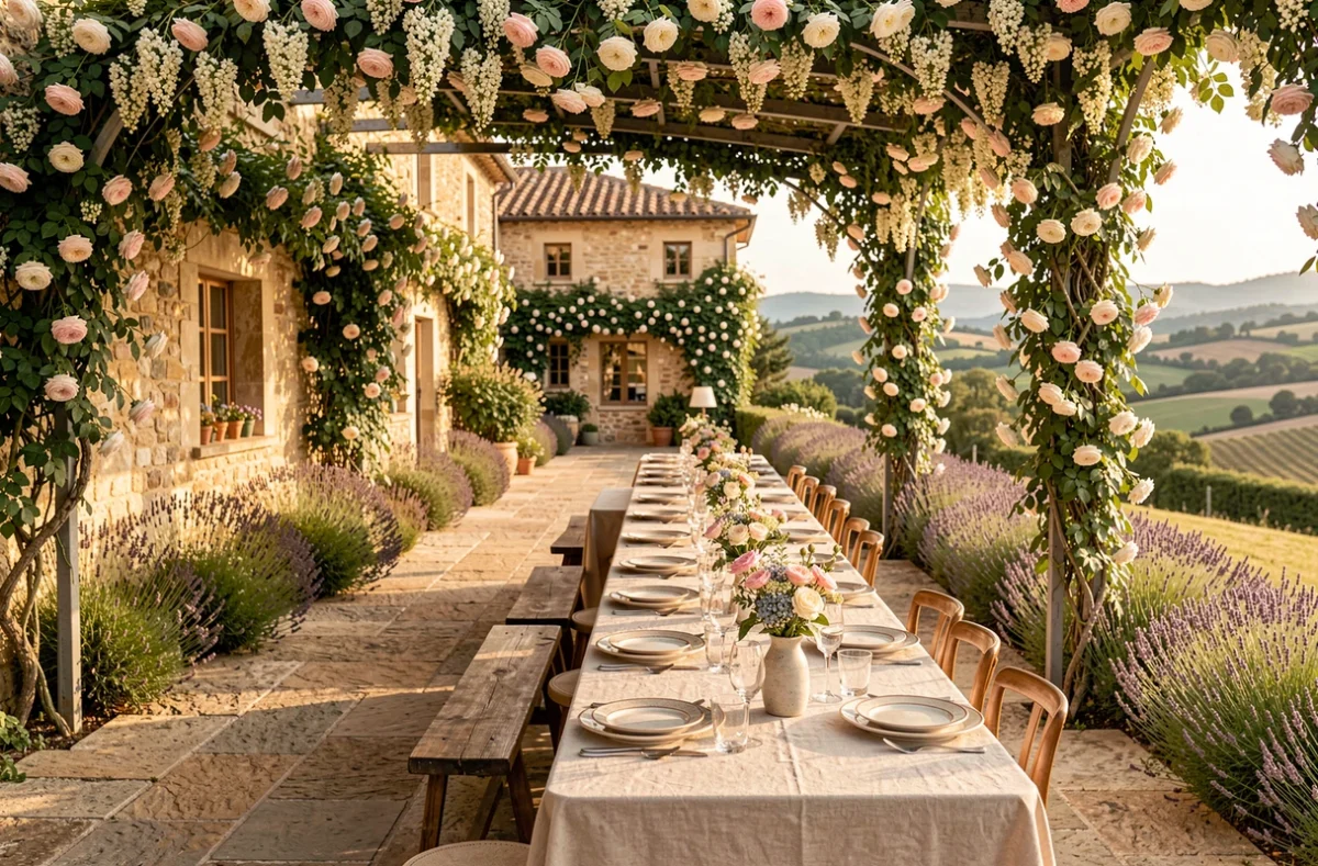 Table de mariage dressée sous une pergola fleurie au Mas Baïeta, domaine de réception proche de Grasse, avec vue sur les collines provençales