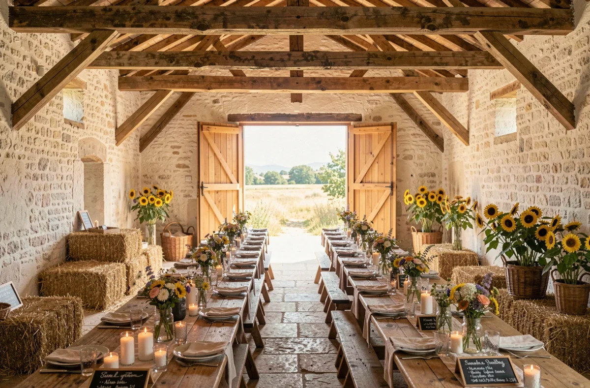 Intérieur champêtre du Mas Saint Joseph dans les Alpes-Maritimes, avec tables en bois sous des poutres apparentes décorées de fleurs sauvages
