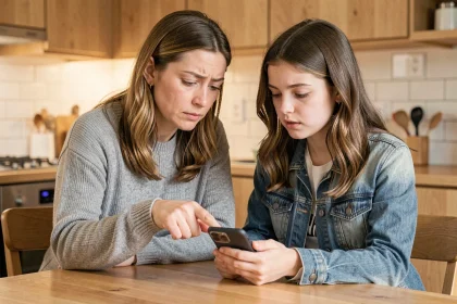 Mère et adolescente consultant ensemble un téléphone portable à la cuisine pour vérifier un numéro inconnu