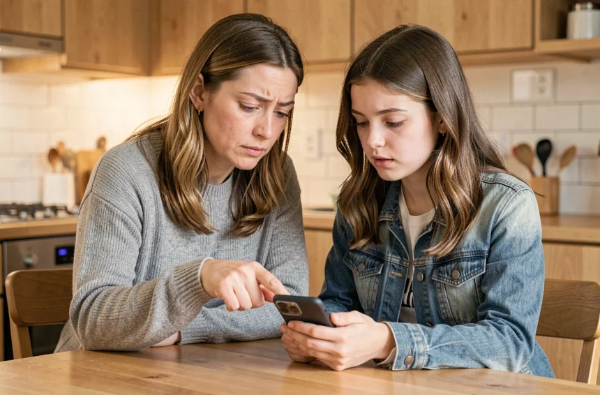 Mère et adolescente consultant ensemble un téléphone portable à la cuisine pour vérifier un numéro inconnu