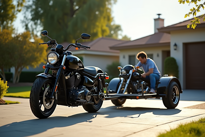 Moto moderne et remorque en essai dans une allée ensoleillée