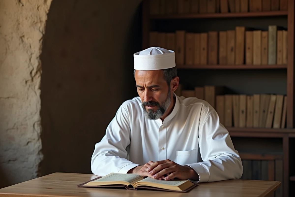 Musulman méditant en lisant le Quran dans un intérieur calme