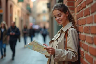 Nouvelle arrivante consultant une carte de Toulouse dans une rue aux briques roses caractéristiques de la ville rose