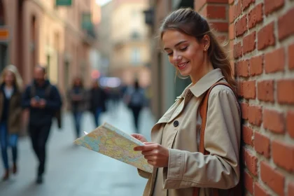 Nouvelle arrivante consultant une carte de Toulouse dans une rue aux briques roses caract&eacute;ristiques de la ville rose