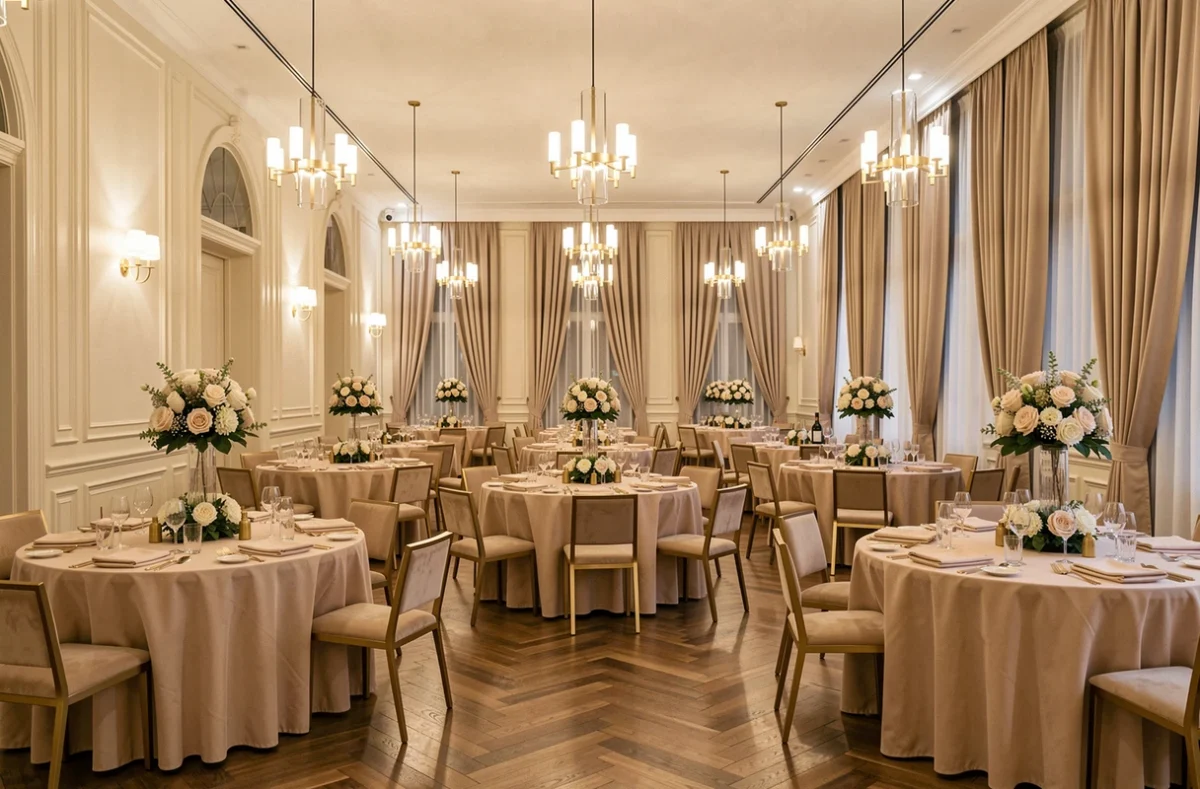 Intérieur élégant de L'Occidentale, salle de réception des Alpes-Maritimes, avec tables rondes dressées sous des lustres contemporains
