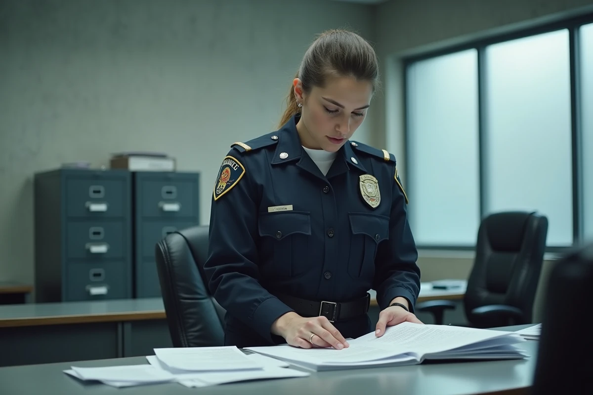 Officier de prison féminine triant des documents administratifs