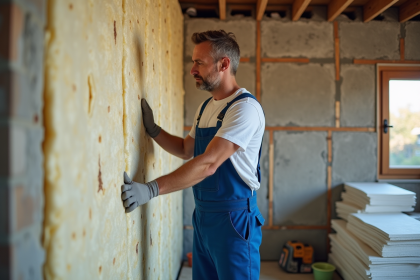 Ouvrier en overalls posant de l'isolation intérieure