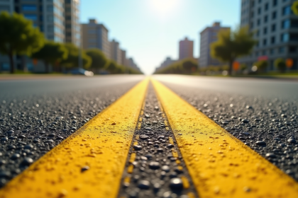 Signal d'avertissement jaune sur la route ensoleillee