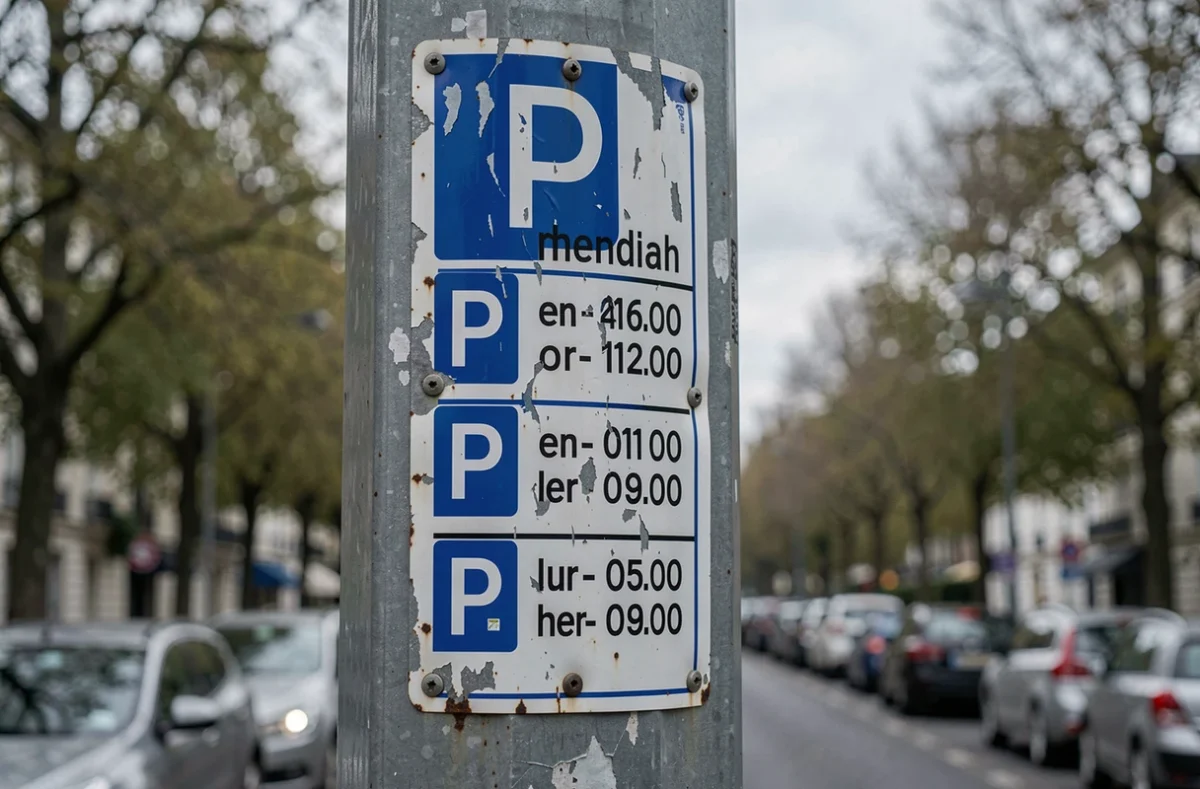 Panneau de stationnement et horodateur dans une avenue du nord de la France avec véhicules en arrière-plan