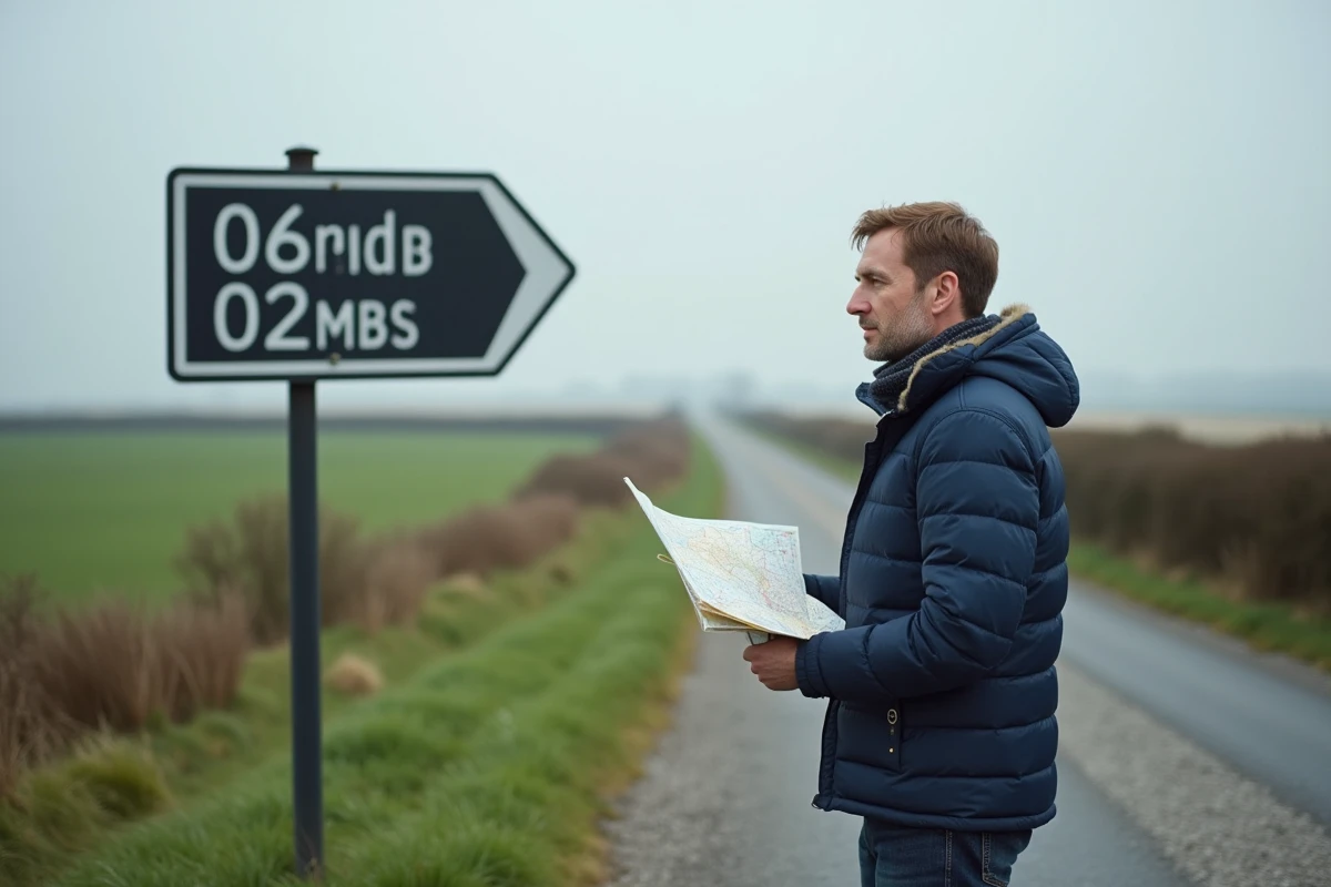 Homme consultant un panneau de distance en miles sur une route de campagne avec une carte papier