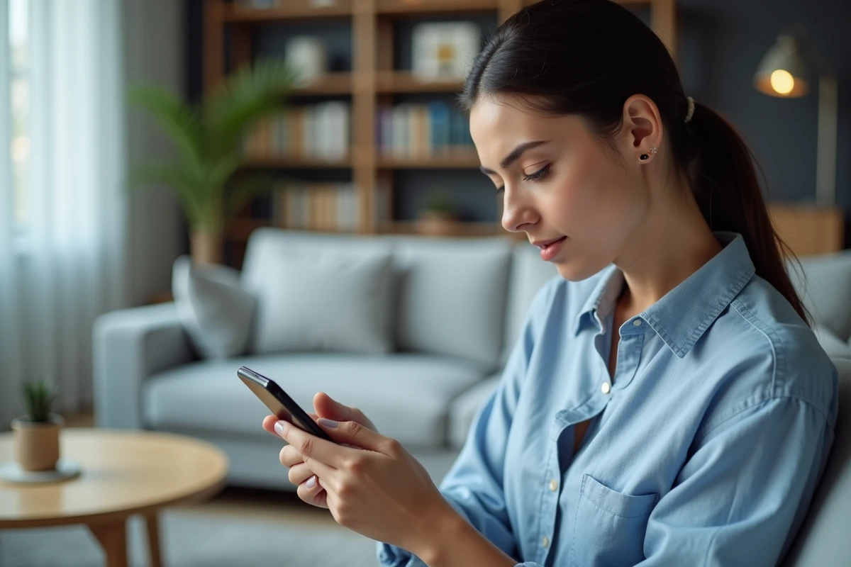 Femme consultant les paramètres SMS Android sur son smartphone pour débloquer des messages dans un salon