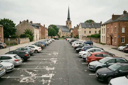 Parking municipal près du centre-ville dans le Nord de la France avec des voitures garées et un clocher en arrière-plan