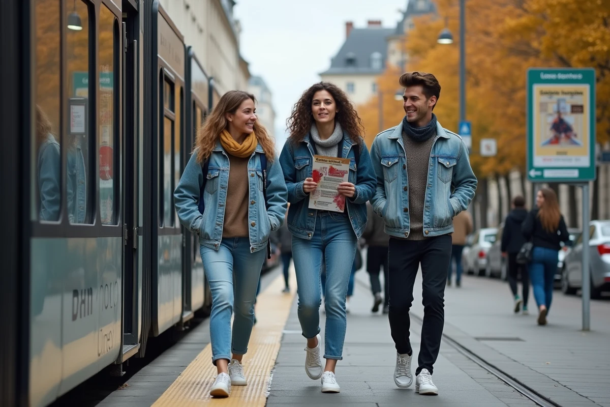 Jeunes adultes descendant du tramway à Nantes pour aller à un concert