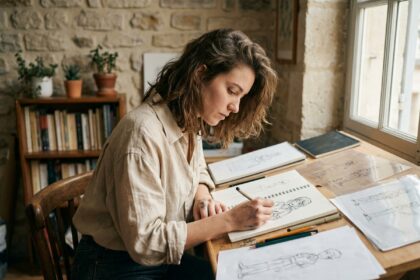 Jeune femme passionnée de dessin travaillant sur des illustrations d'animation dans un atelier artistique à Bordeaux