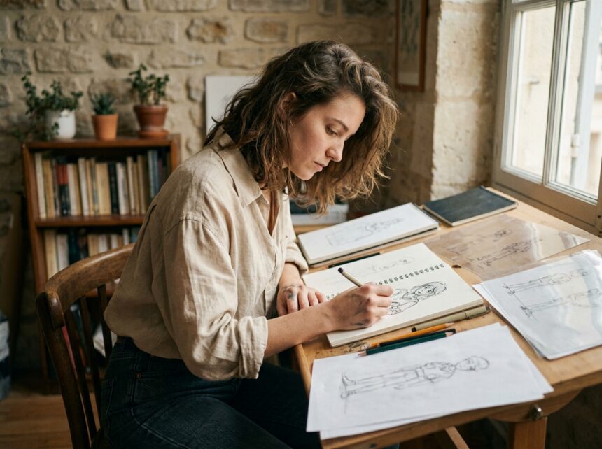 Jeune femme passionnée de dessin travaillant sur des illustrations d'animation dans un atelier artistique à Bordeaux