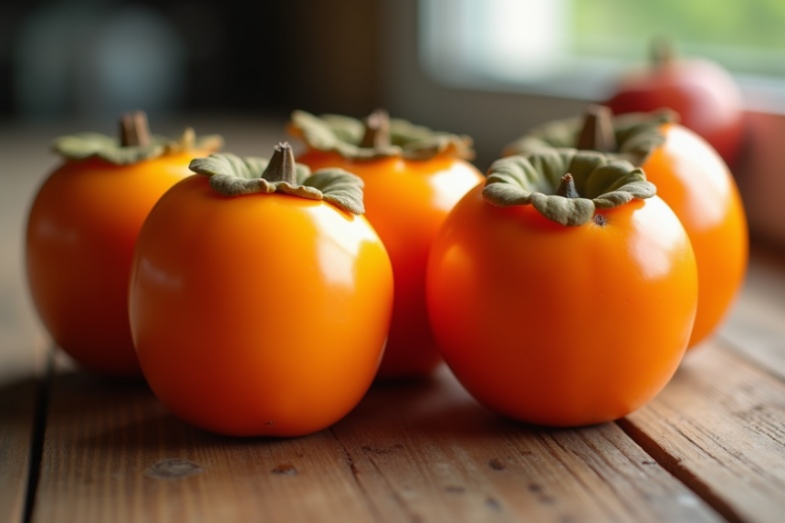 Persimmons mûrs et frais sur une table en bois rustique