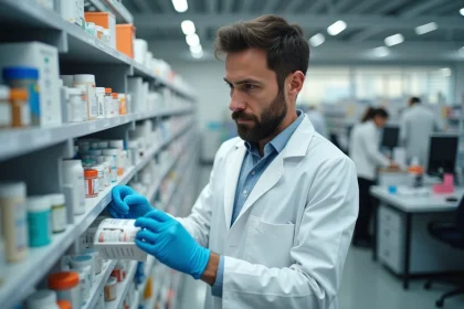 Pharmacien en blouse blanche organisant des médicaments dans une pharmacie moderne en coopération avec un collègue