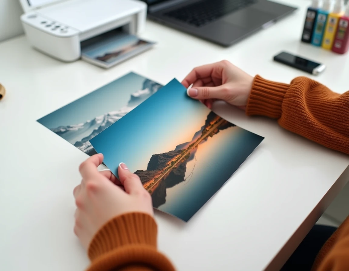 Vue en plongée d'une photo imprimée en qualité glossy tenue entre les mains à côté d'une imprimante photo d'entrée de gamme