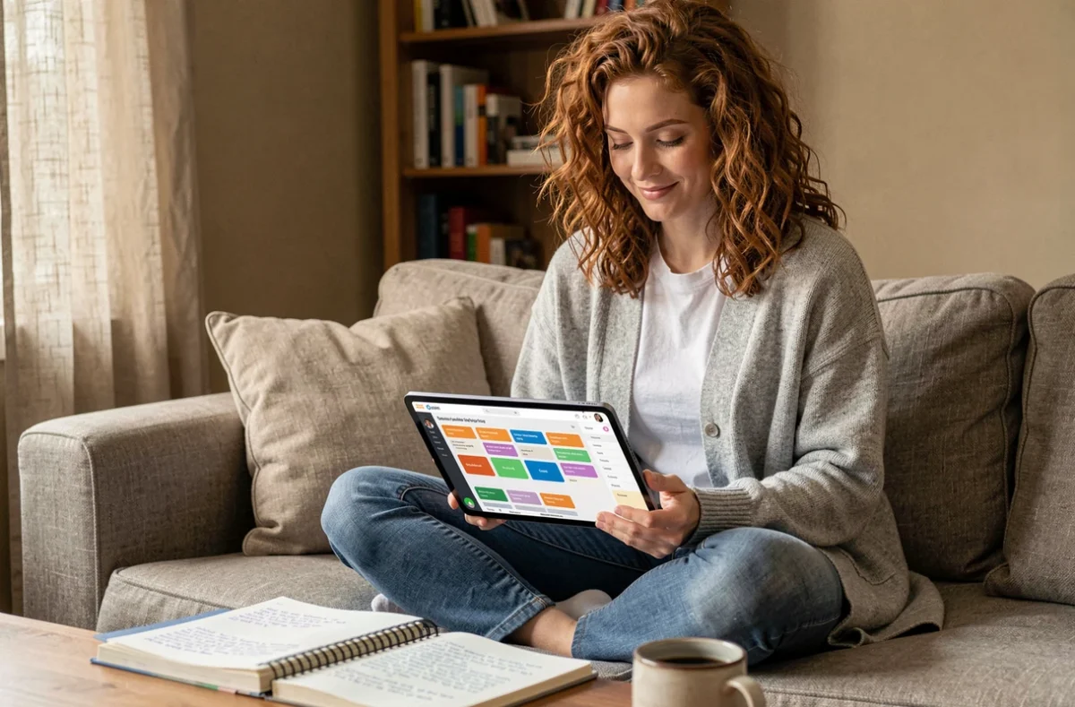Jeune femme consultant une application de planification de contenu sur tablette depuis son espace de travail à domicile