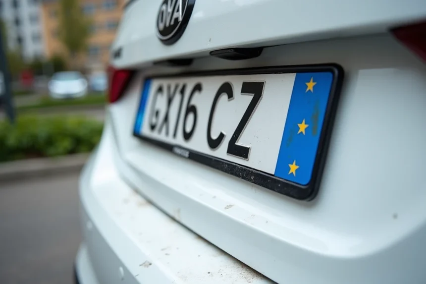Plaque d'immatriculation tchèque avec le code CZ et le drapeau européen sur une voiture blanche