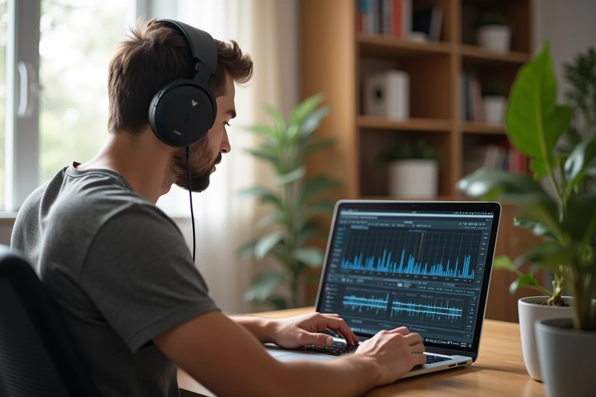 Jeune homme podcaster ajustant le son sur ordinateur