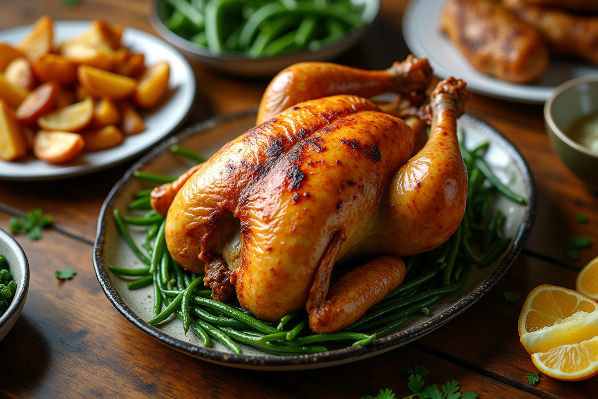 Poulet rôti avec pommes de terre et salade sur table rustique