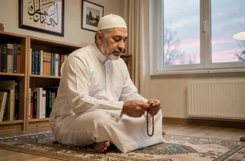 Homme musulman en prière sur un tapis de prière lors du ramadan dans un appartement des Mureaux
