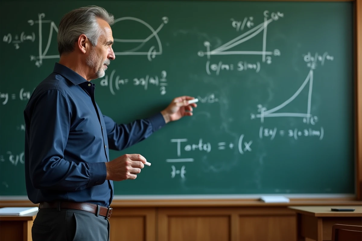 Professeur de mathématiques expliquant la méthode de la dérivée pour trouver l'équation réduite d'une tangente au tableau